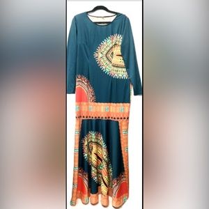 Unbranded Womens Long Summer Dress Blue Multicolor Long Sleeve Sz Large